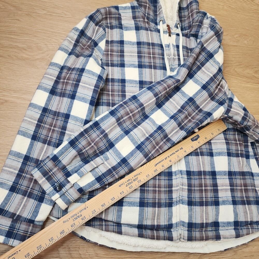 LL Bean Sherpa Lined Flannel Shirt Womens XL Blue Plaid Cozy Warm Jacket Hooded - Picture 9 of 12